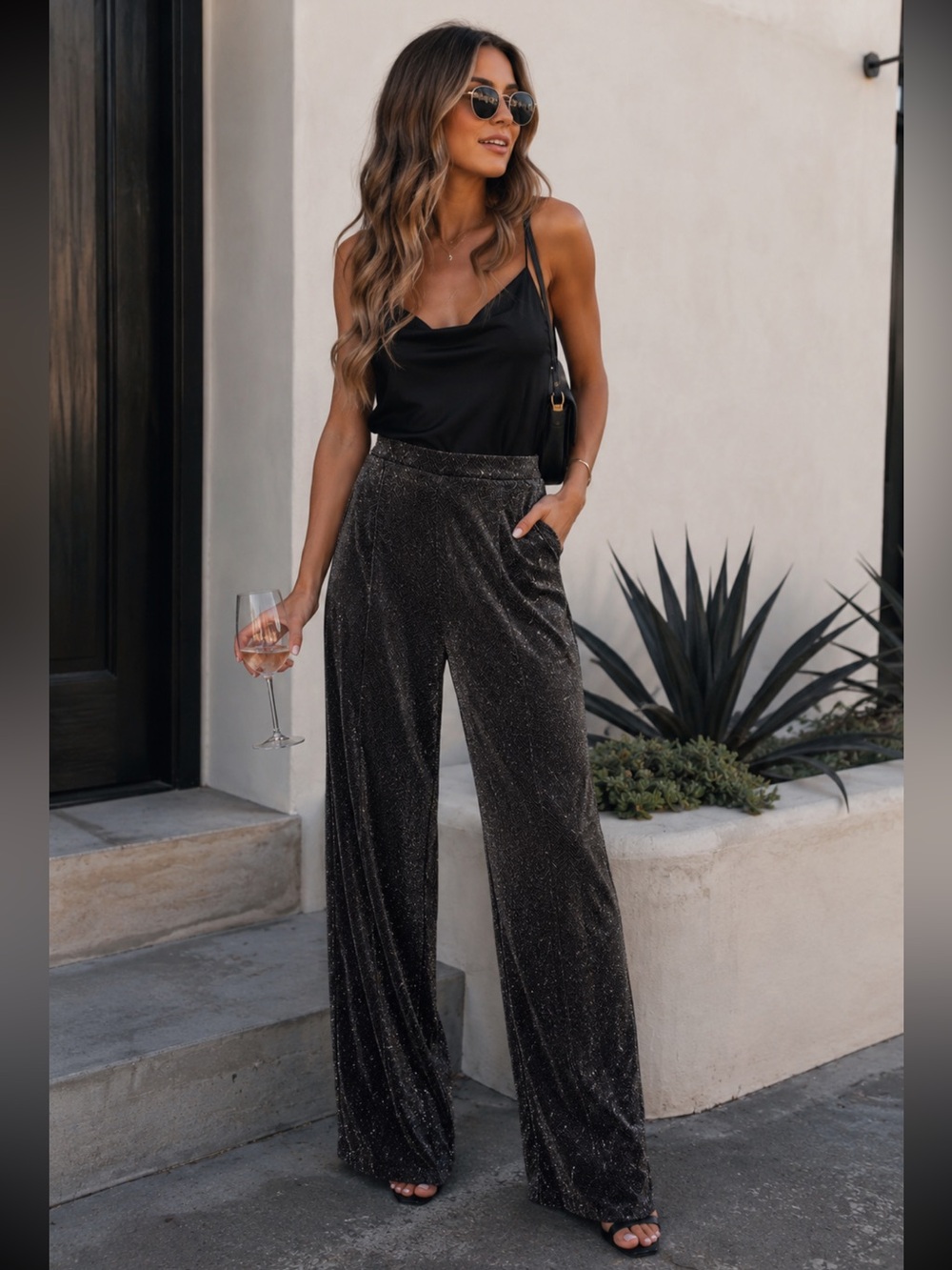 Windsor Black Metallic Wide Leg Pants Size Large NWT Night Out